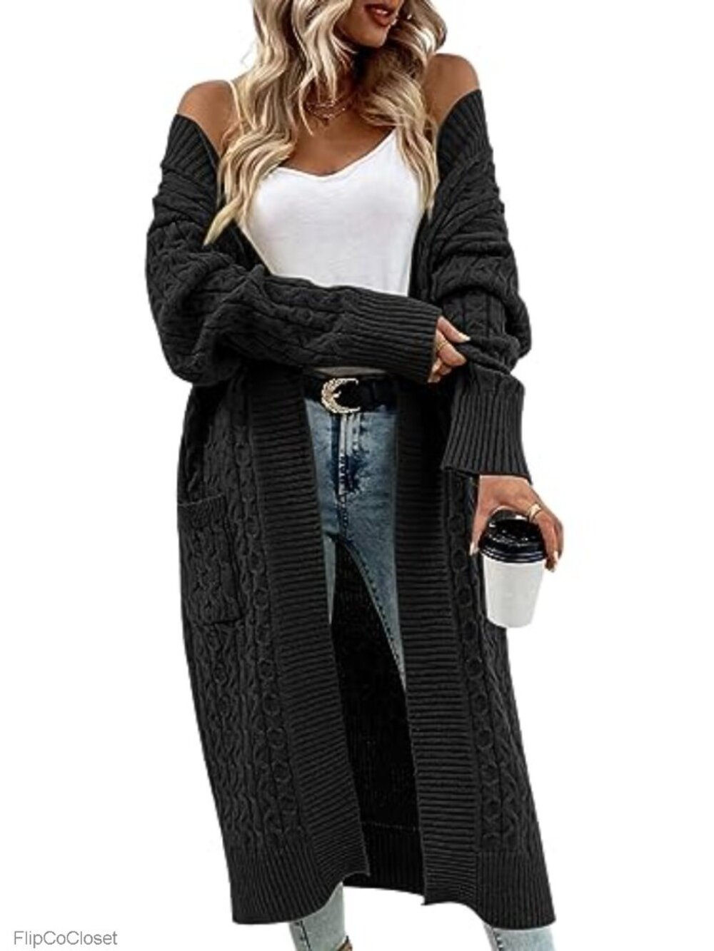 Women's Open Front Cable Knit Long Cardigan Sweater with Pockets